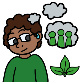 A dark skinned person with dark brown hair and a green shirt is thinking of their system. They have a blue hearing aid and glasses. They have a thought bubble with three simple figures in it, all colored in green. Beneath the thought bubble is three leaves, colored in green.